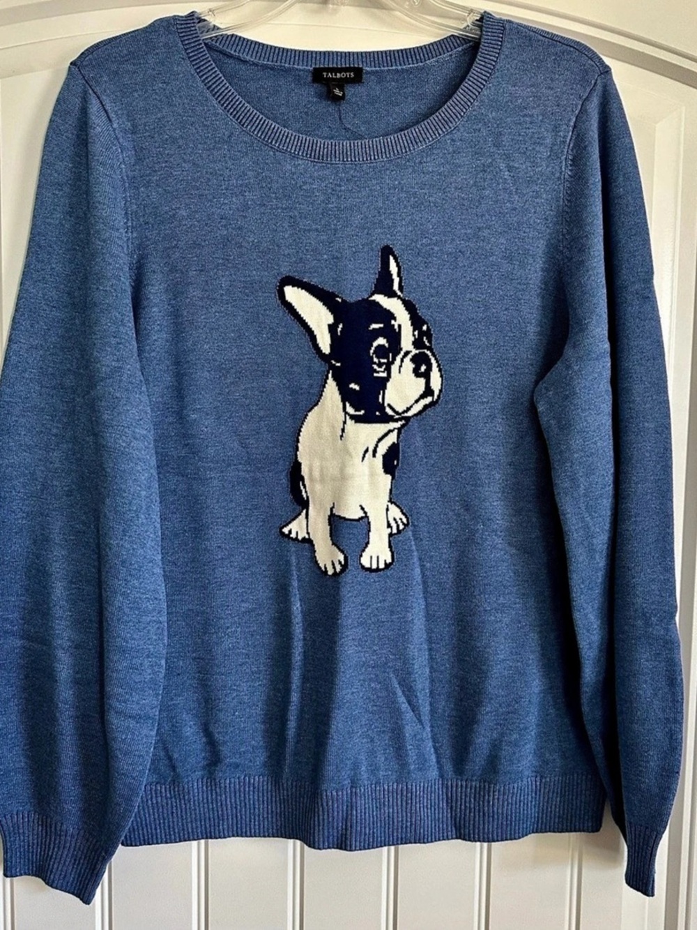 Talbots Frenchie Dog Sweater Dog Motif Crewneck Sweater Blue Size Large NWT